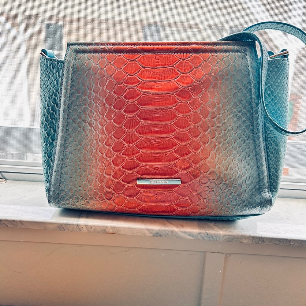 Brahmin Blue and Red Shoulder Bag with Textured Design